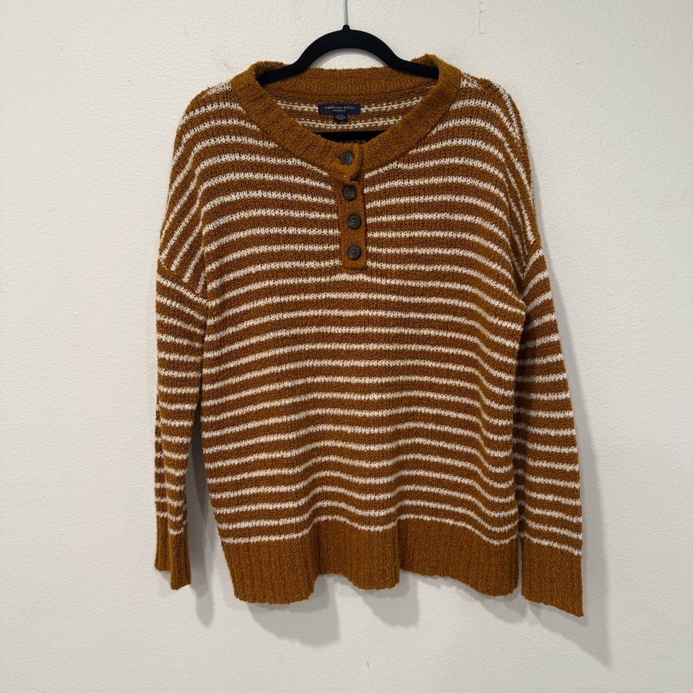 American Eagle Legging Fit Gold/Brown Striped Henley Sweater M - Picture 2 of 6
